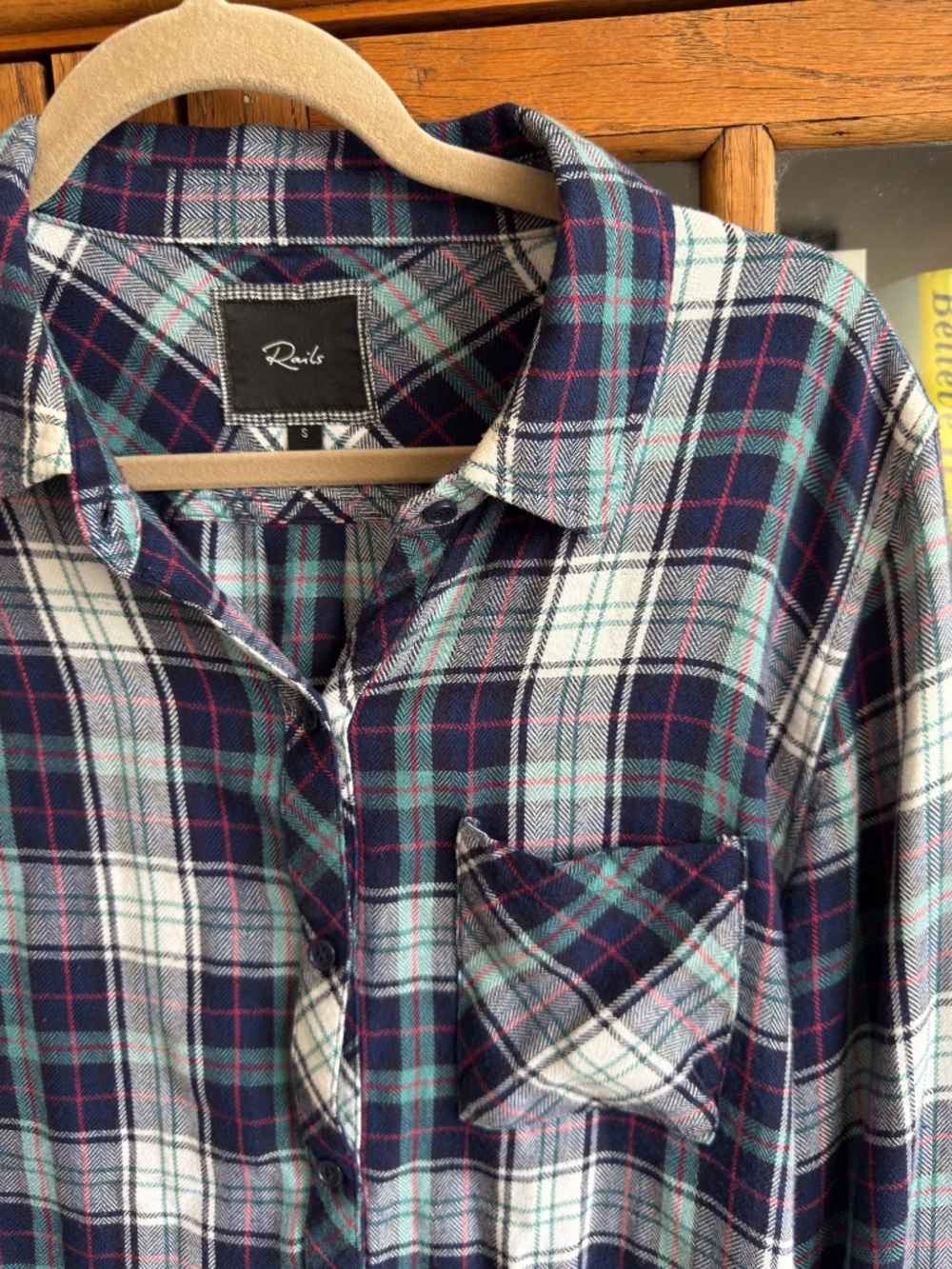 Rails Plaid Flannel Button Down Shirt Navy Green Cream Size S - Picture 2 of 4